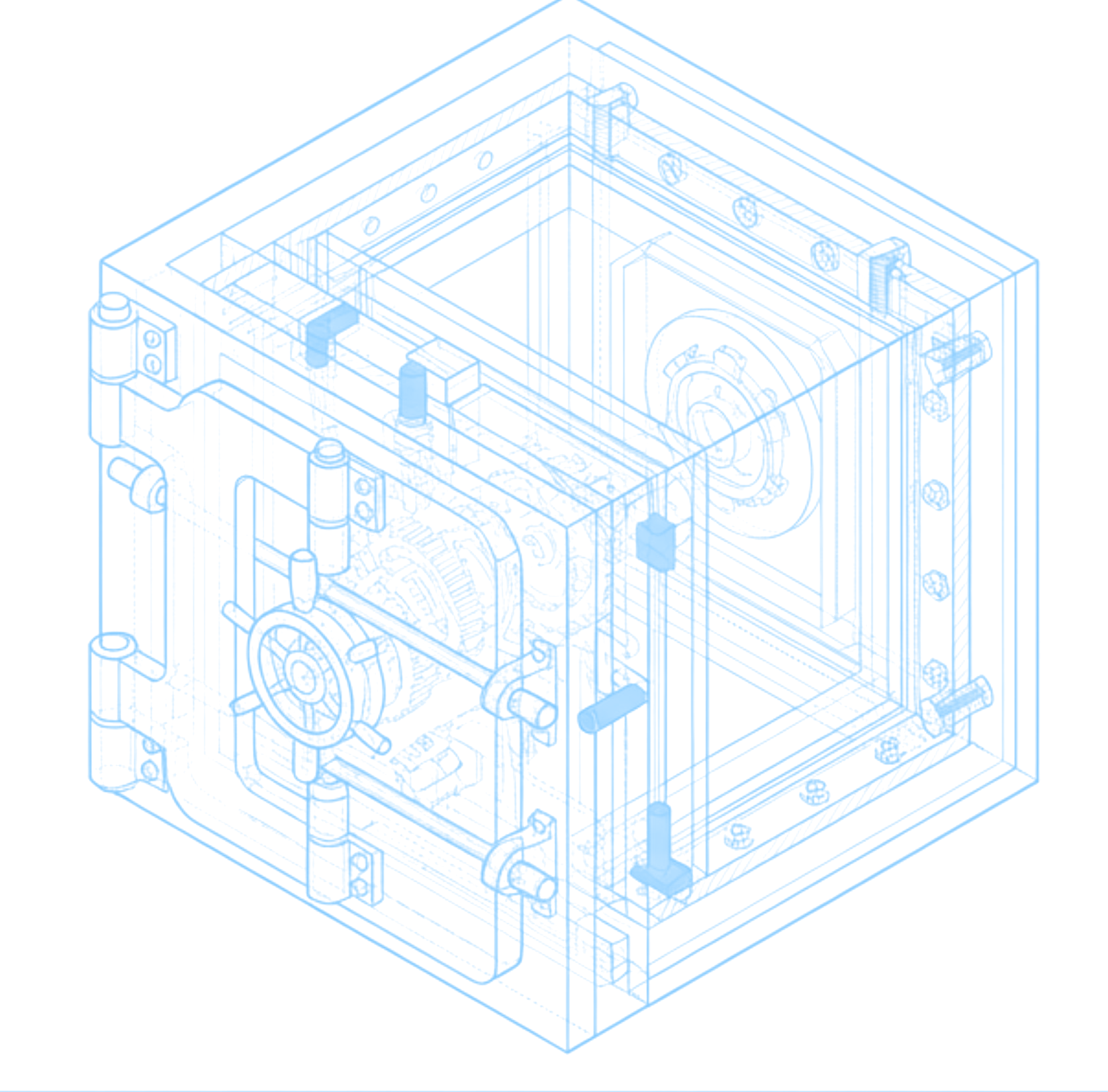 Isometric blueprint of a reinforced vault — layered, defense-in-depth security engineered into the design.